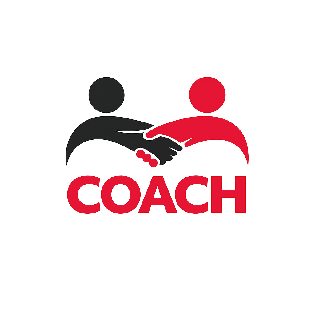 a symbol of one person partnering with anotherwith the word coach in red font and no image-1 a symbol of one person partnering with anotherwith the word coach in red font and no image-1